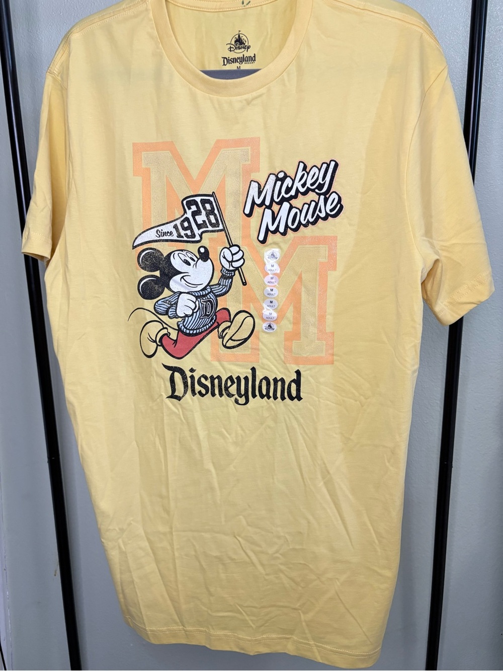 NWT Disneyland Resort Yellow Mickey Mouse Varsity Since 1928 Graphic T-Shirt Si